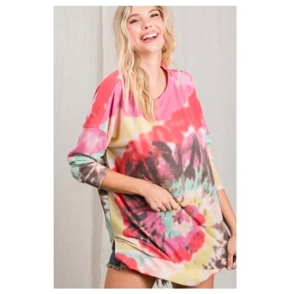 New!! French Terry Spiral Tie-Dye Print Long Sleeve Top with Round Neckline - Picture 2 of 10